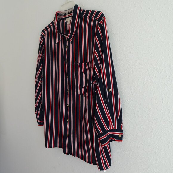 Michael Kors Button Front Top Blouse Women's Plus Size 3X Blue Red Stripe Office - Picture 3 of 10